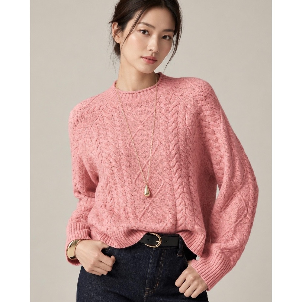 J.Crew Pink Cable Knit Mock Neck Merino Wool Alpaca Blend Sweater Large